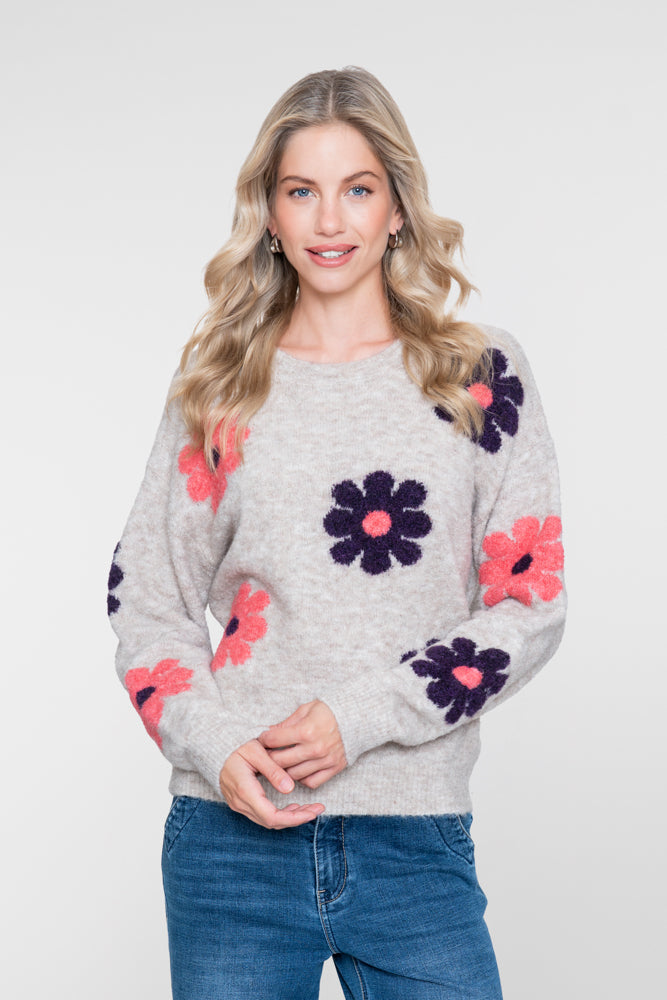 Geisha dames trui met bloemenprint en ronde hals