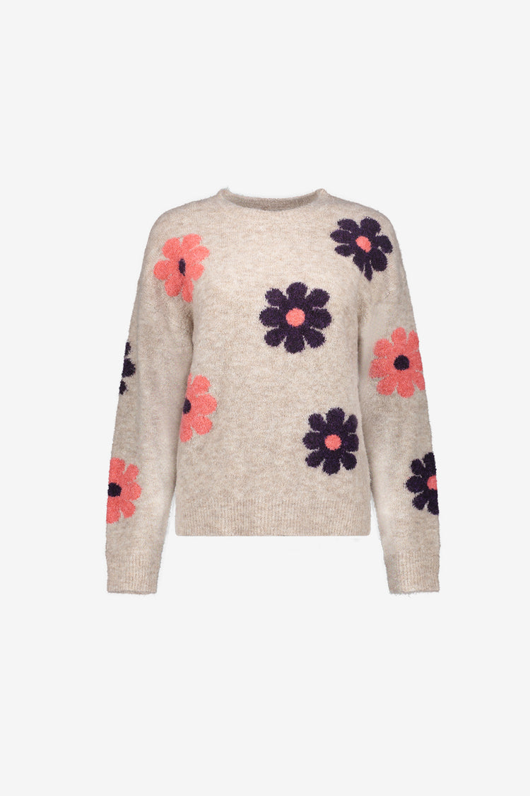 Geisha dames trui met bloemenprint en ronde hals