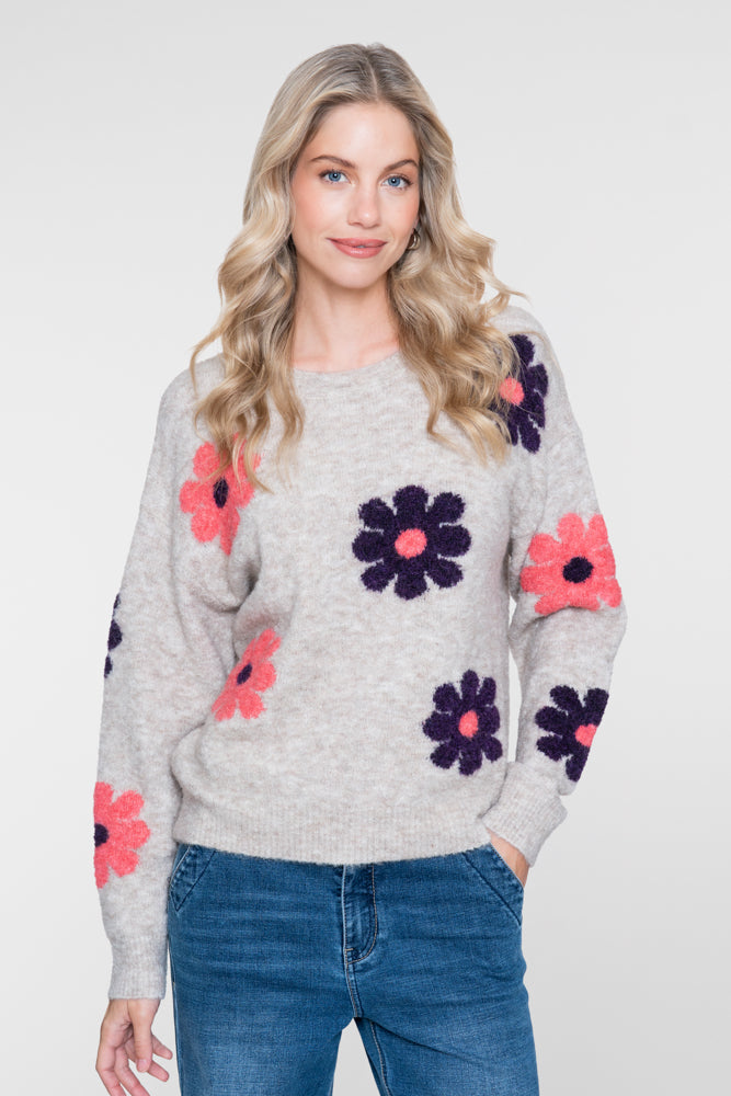 Geisha dames trui met bloemenprint en ronde hals – Shop de look