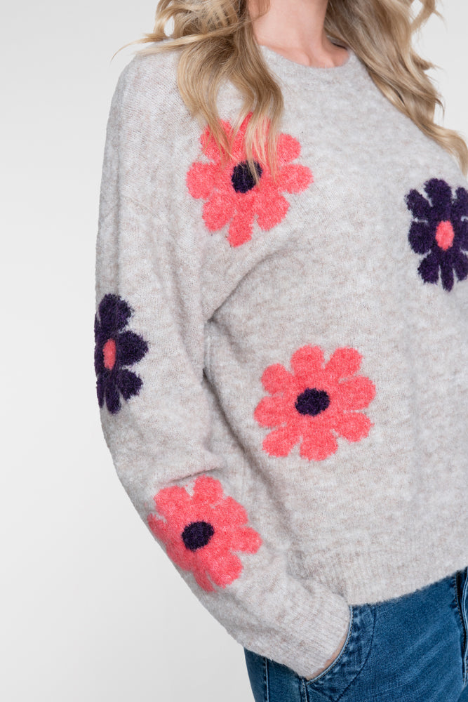 Geisha dames trui met bloemenprint en ronde hals