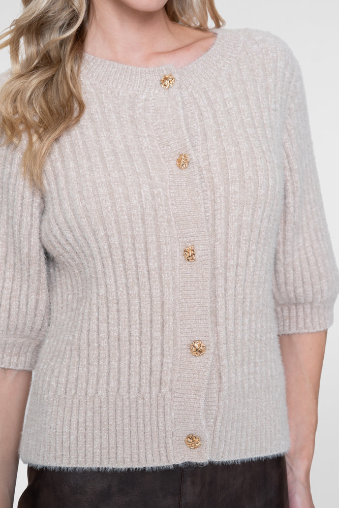 Geisha gebreid dames vest met gouden knopen en pofmouwen