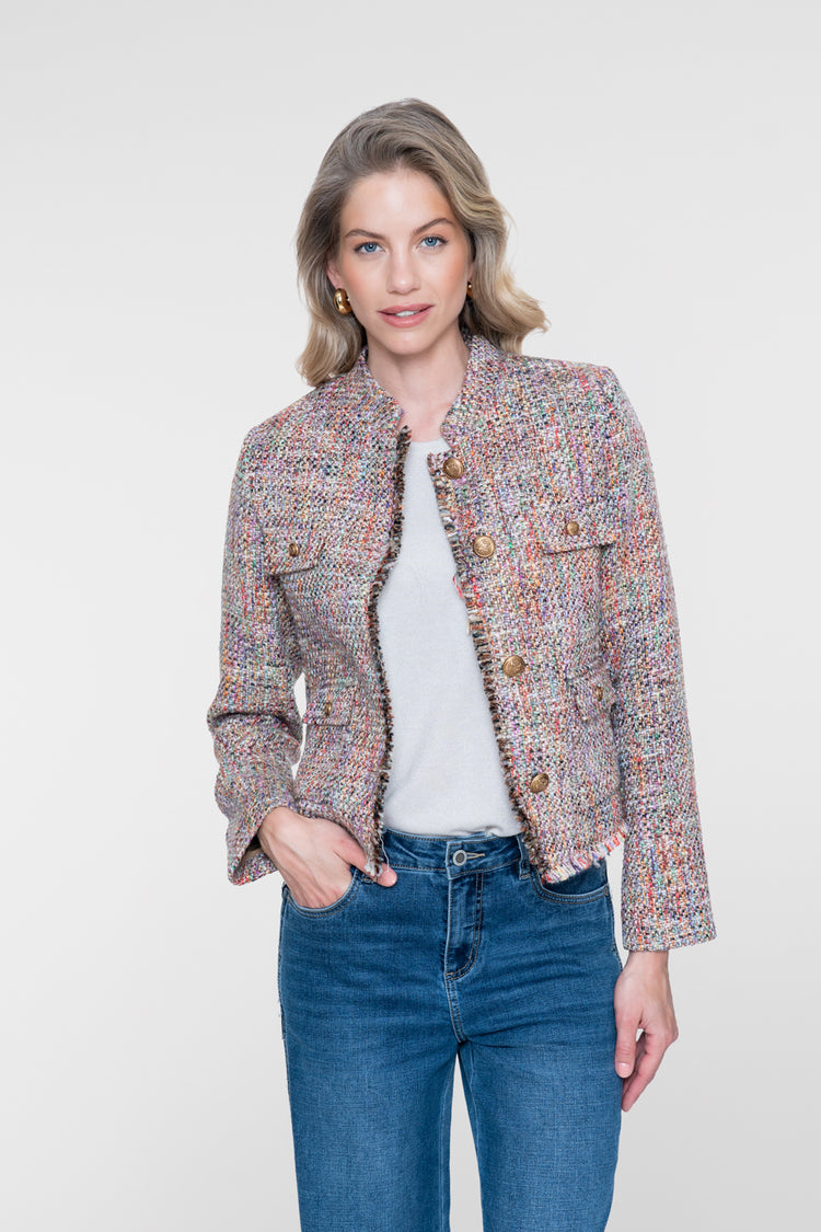 Geisha bouclé jasje in multicolor met sierknopen