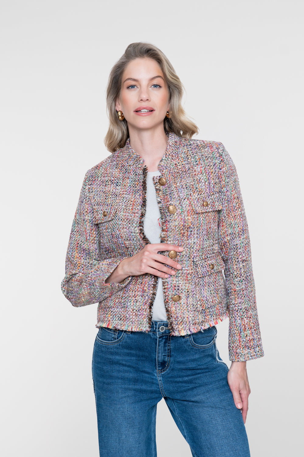 Geisha bouclé jasje in multicolor met sierknopen