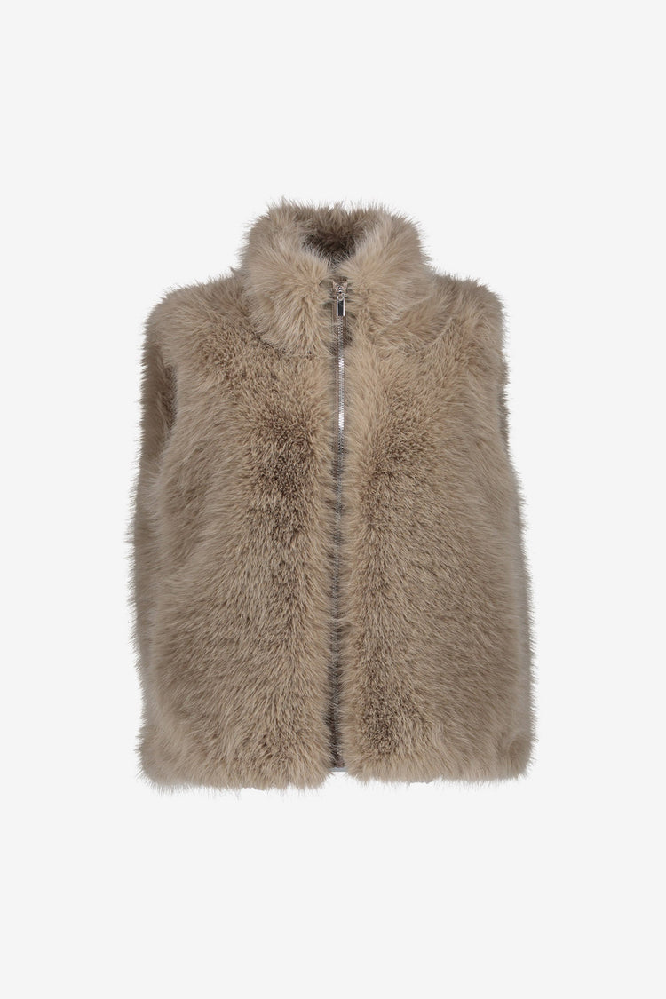 Geisha dames fur gilet greige met hoge kraag
