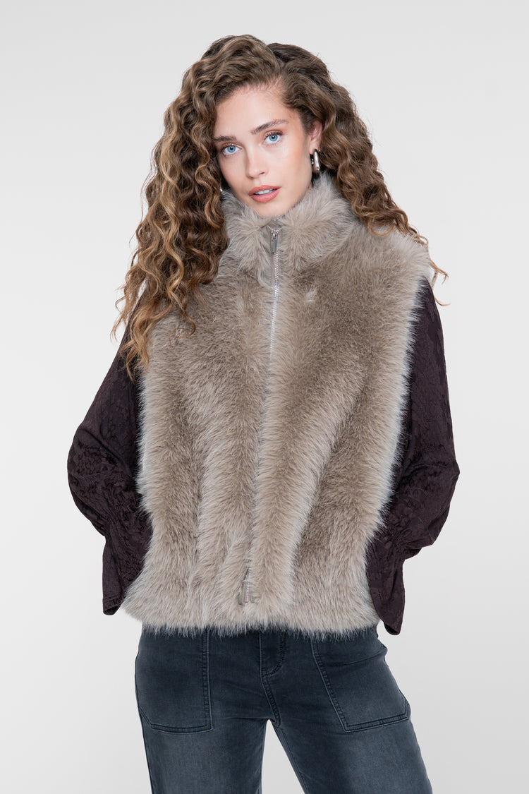 Geisha dames fur gilet greige met hoge kraag