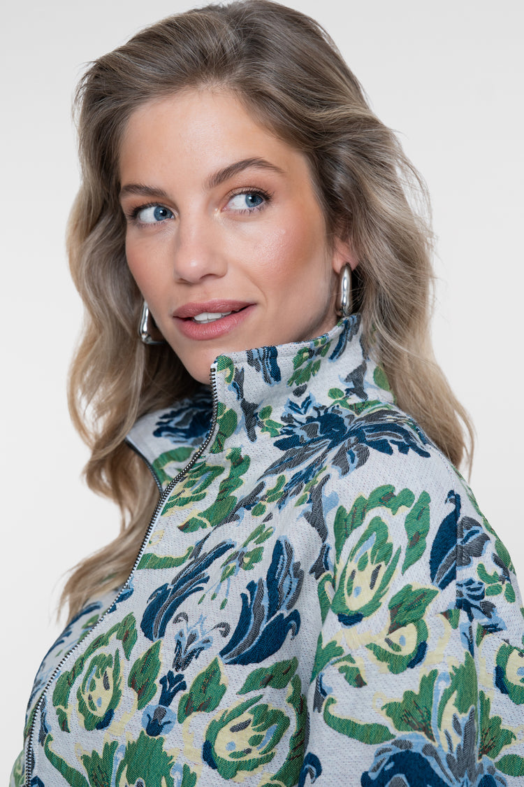Geisha kort jacquard jack met bloemenprint en opstaande kraag
