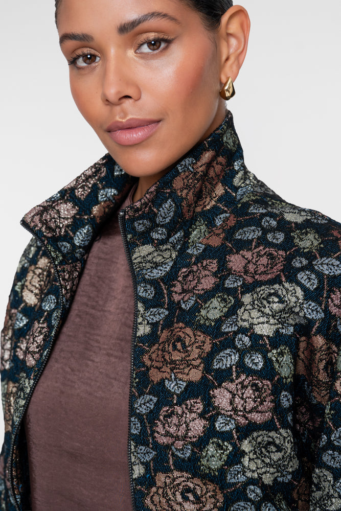 Geisha bomberjasje met bloemenprint en lurex details