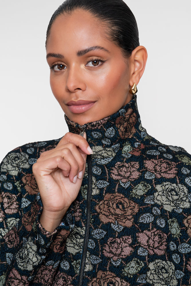 Geisha bomberjasje met bloemenprint en lurex details