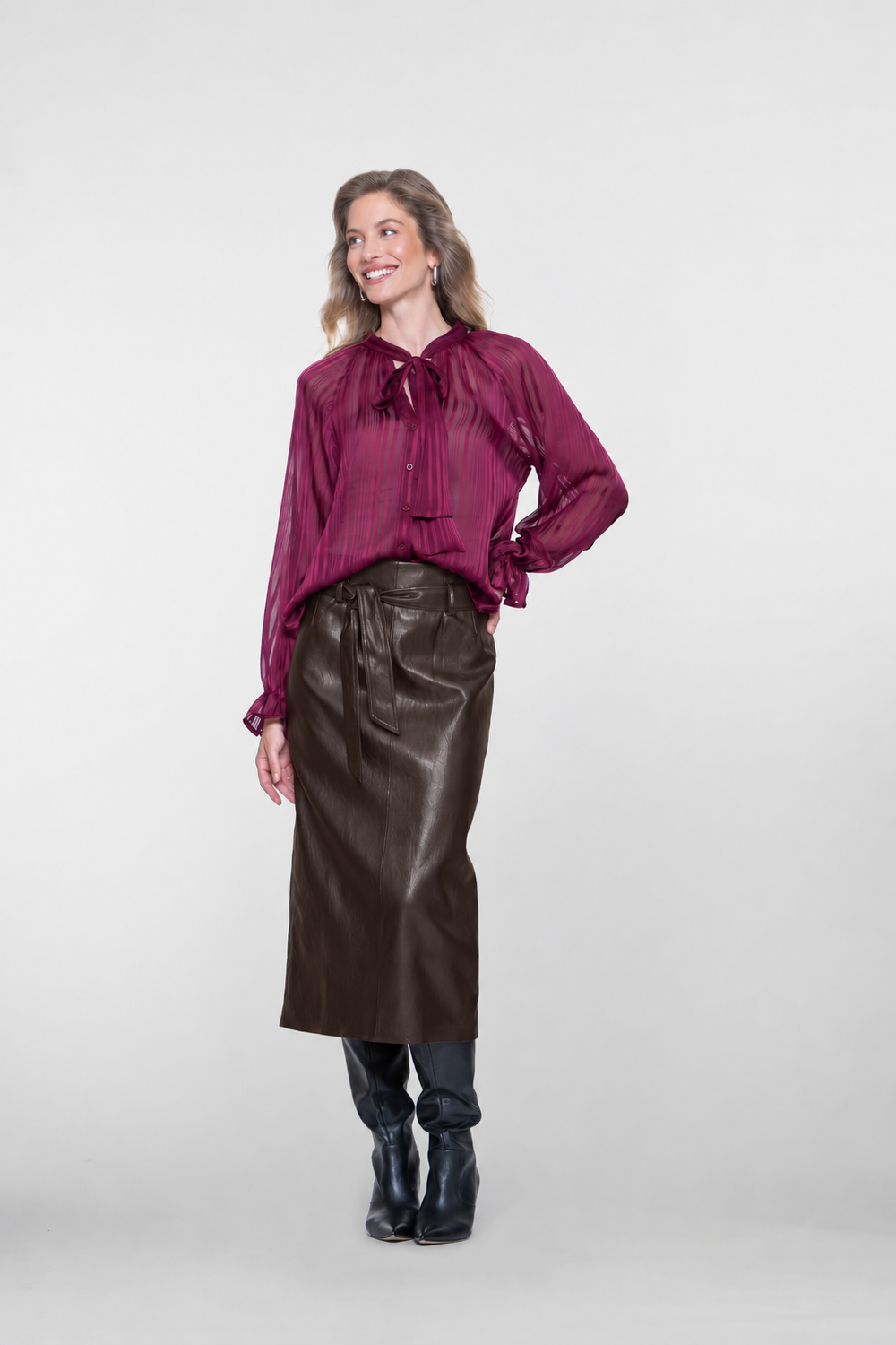 Geisha midi rok met leather look en strikdetail