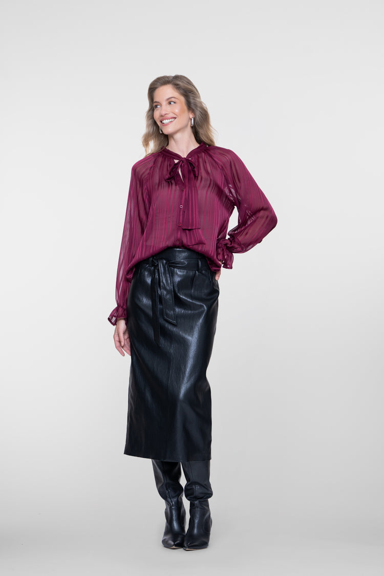 Geisha midi rok met leather look en strikdetail