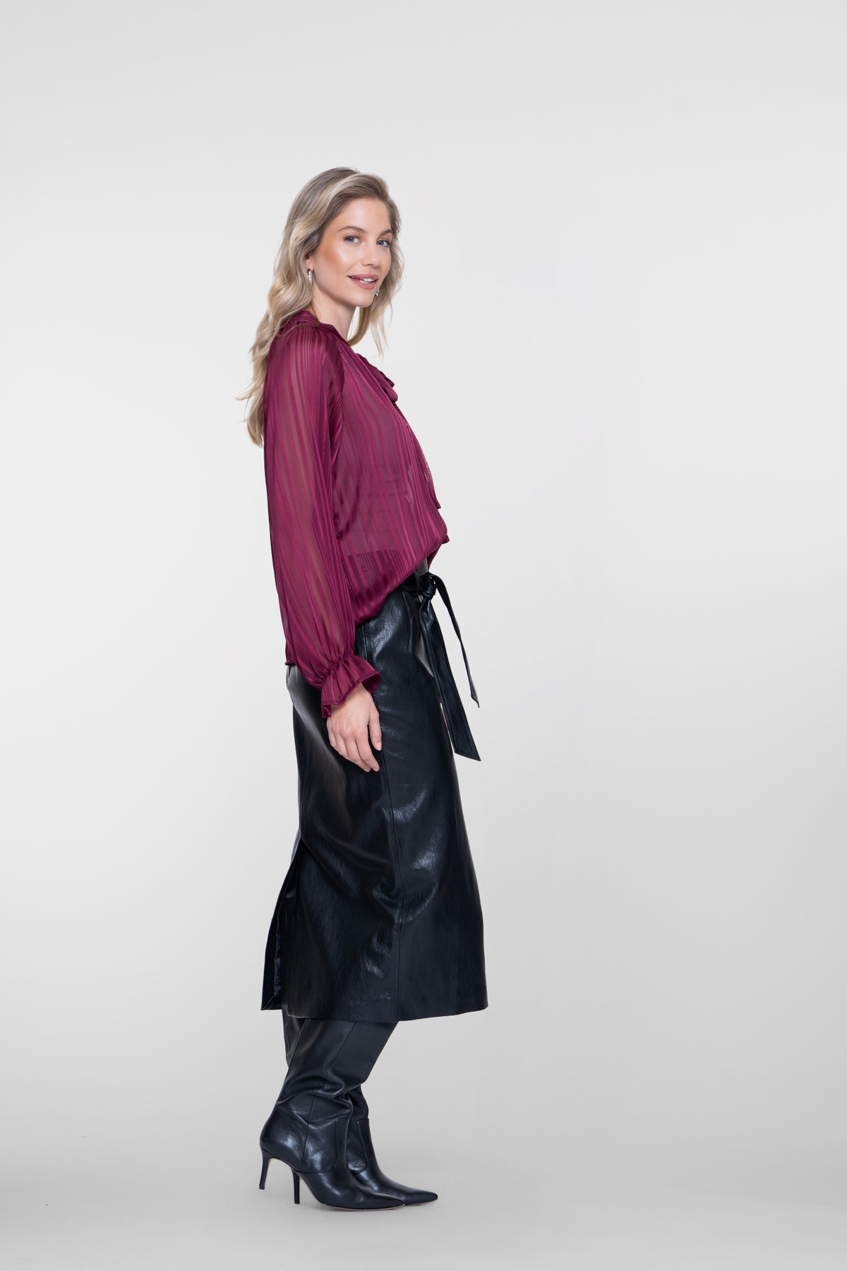 Geisha midi rok met leather look en strikdetail