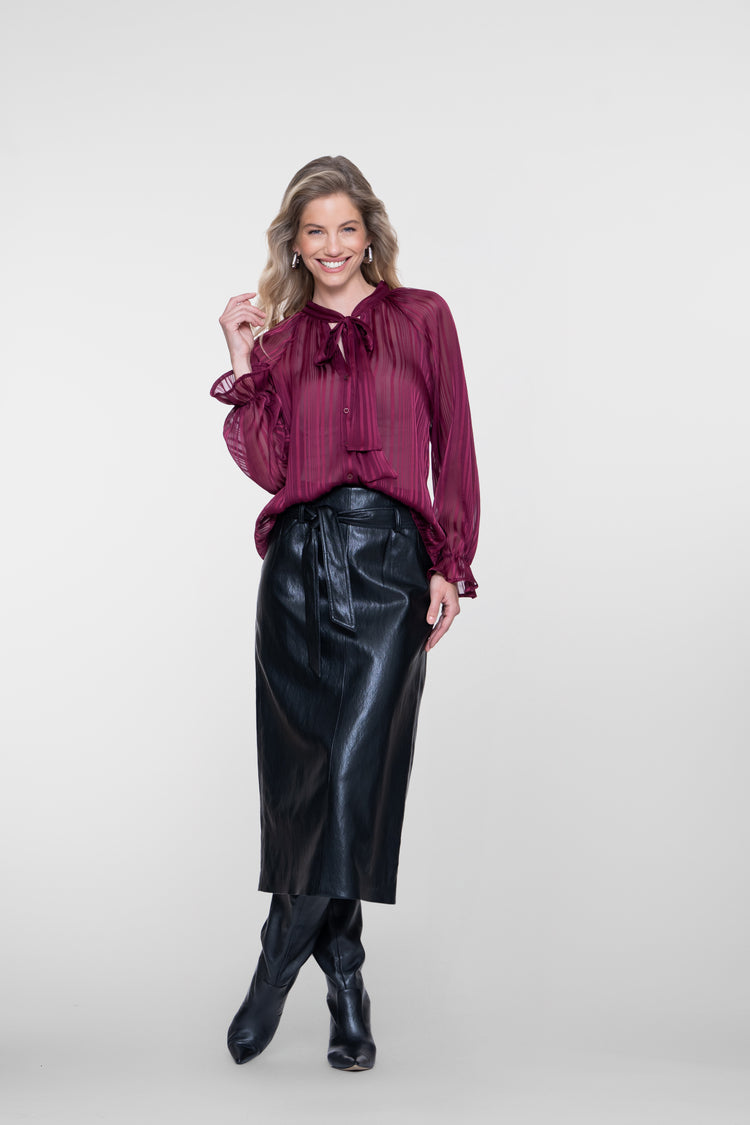 Geisha midi rok met leather look en strikdetail