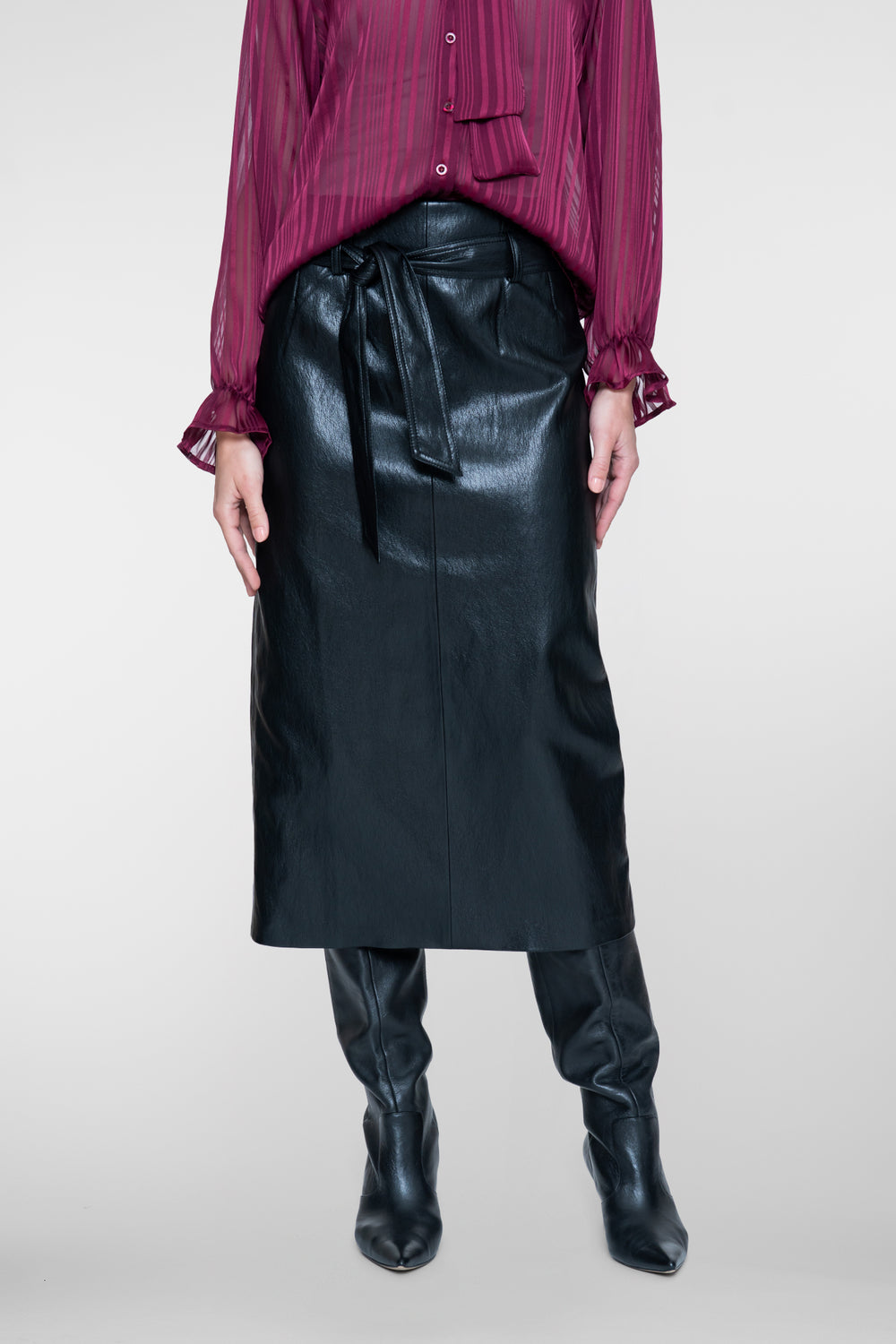 Geisha midi rok met leather look en strikdetail