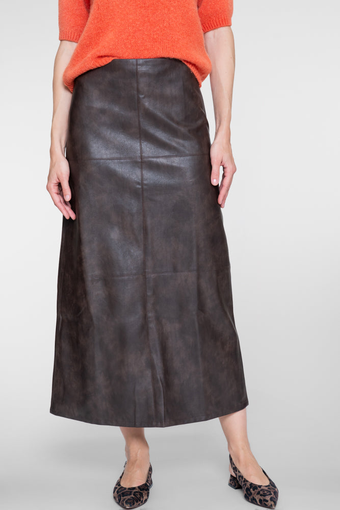Geisha dames midi rok van faux leer in donkerbruin