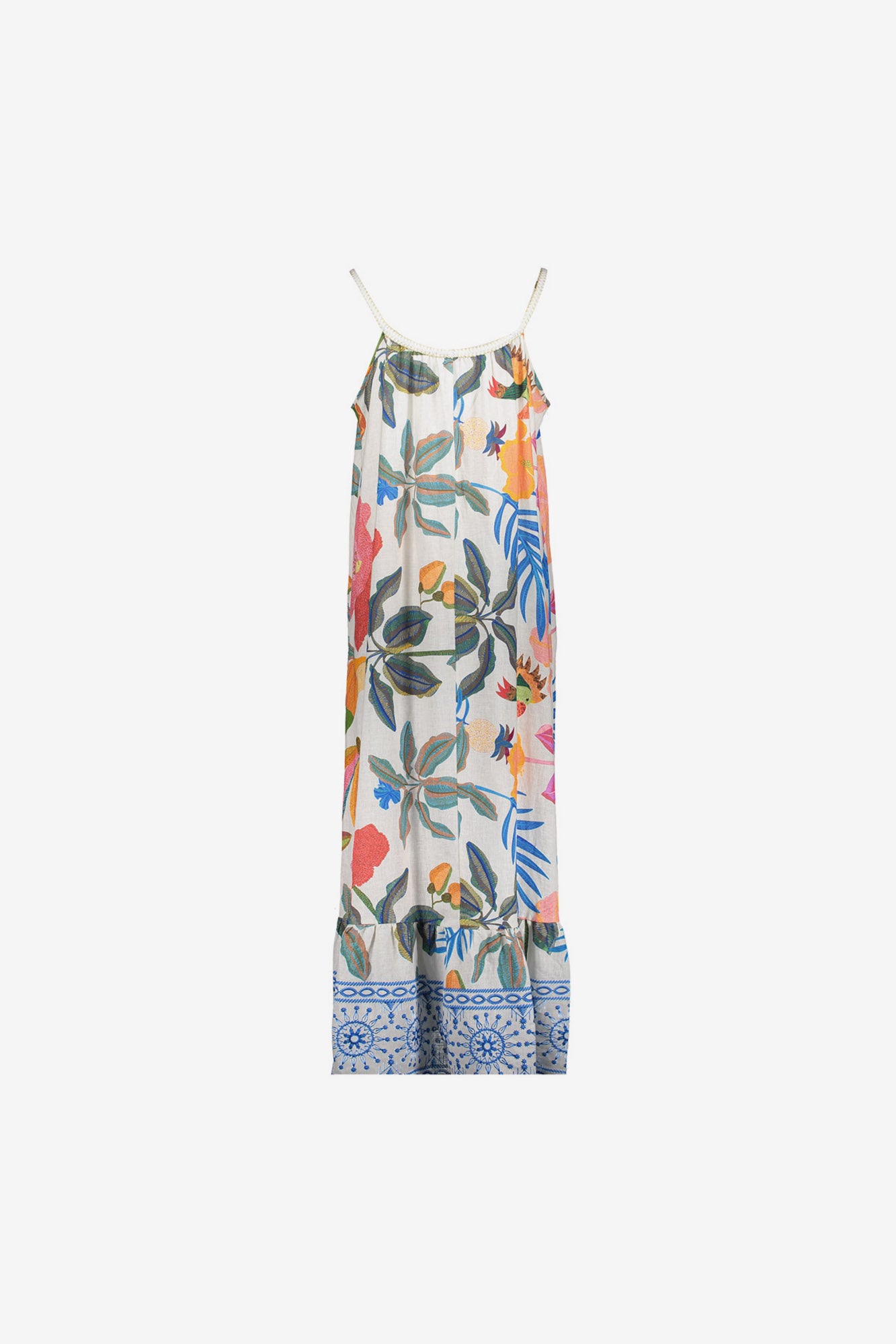 Geisha maxi jurk multicolor met lurex bandjes en volant