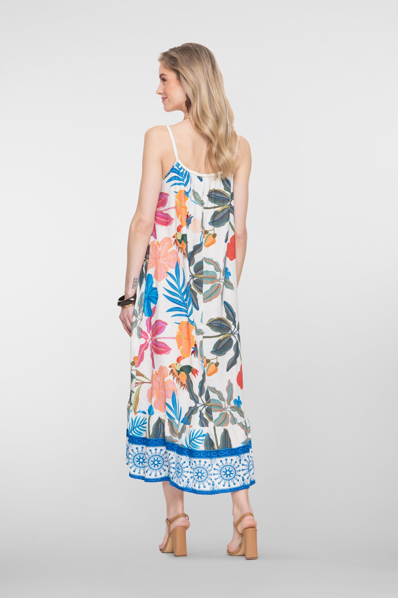 Geisha maxi jurk multicolor met lurex bandjes en volant