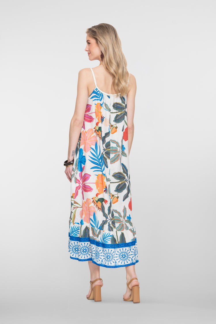 Geisha maxi jurk multicolor met lurex bandjes en volant