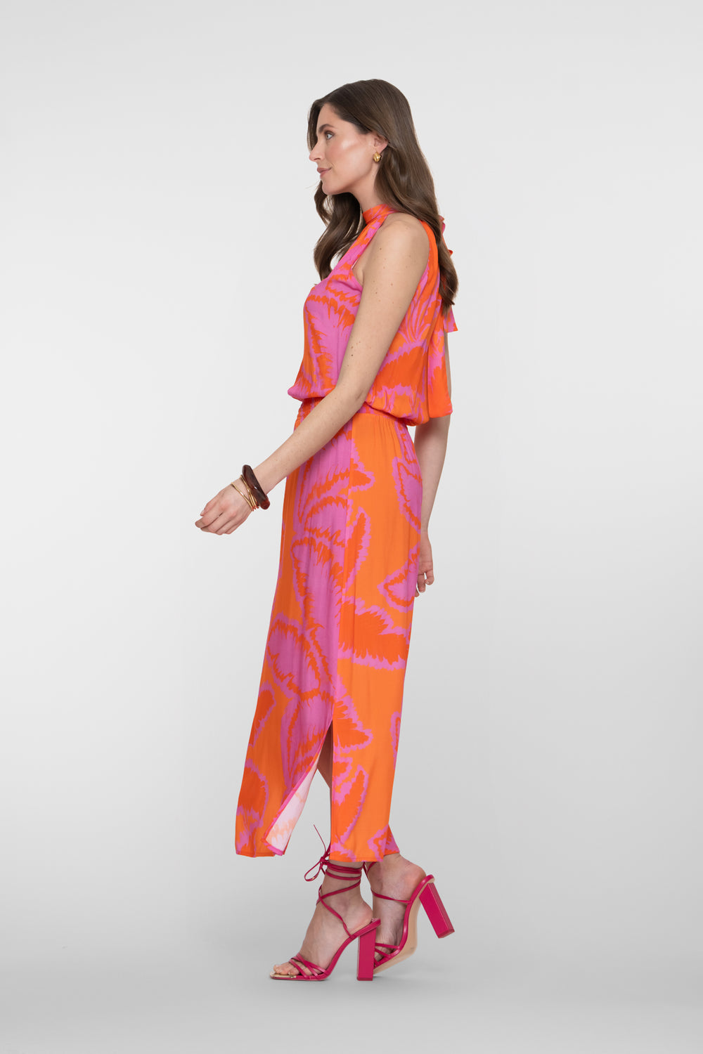 Geisha maxi halterjurk met palmblad print