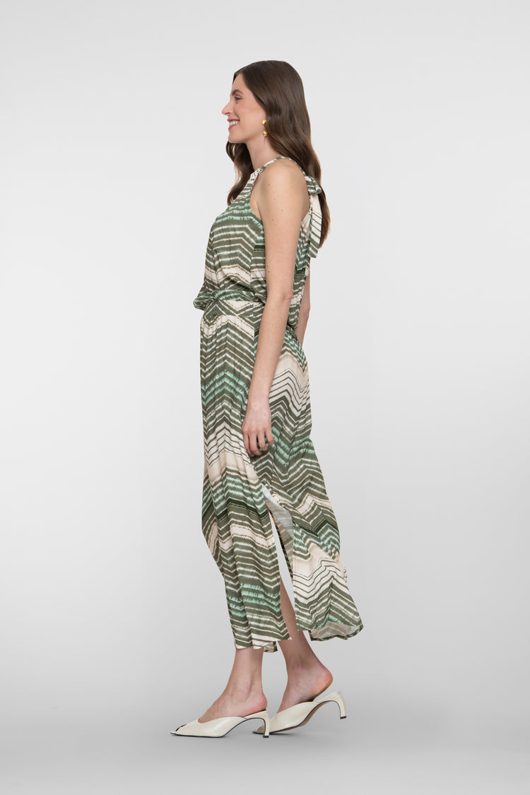 Geisha groene maxi jurk met zigzag dessin