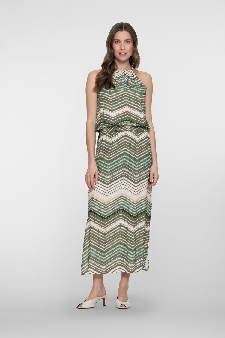 Geisha groene maxi jurk met zigzag dessin