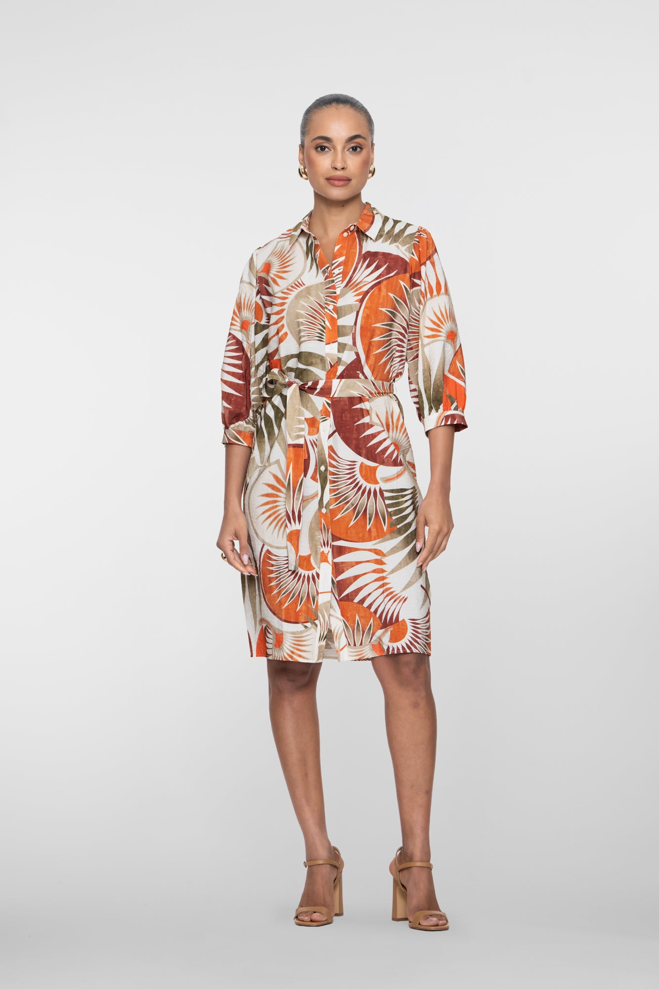 Geisha oranje mini jurk met waaierprint