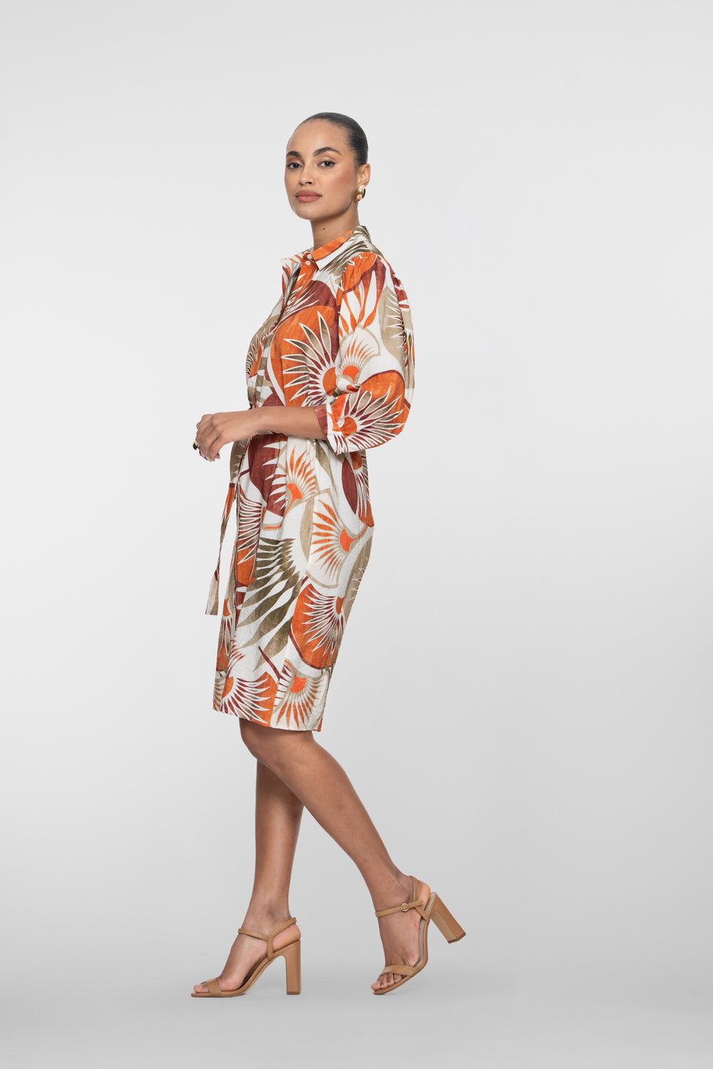 Geisha oranje mini jurk met waaierprint