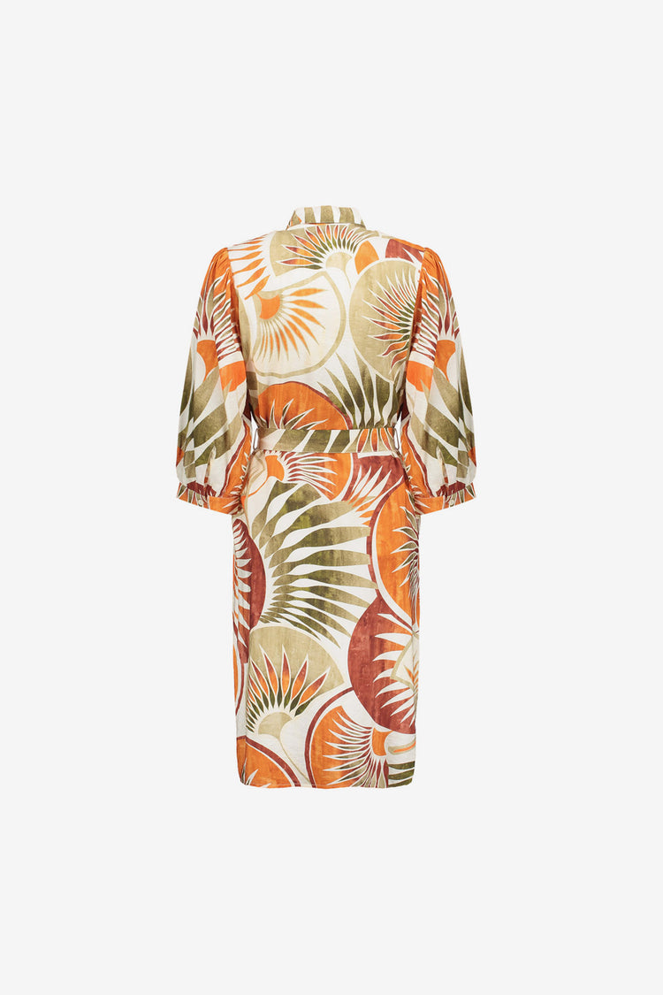 Geisha oranje mini jurk met waaierprint
