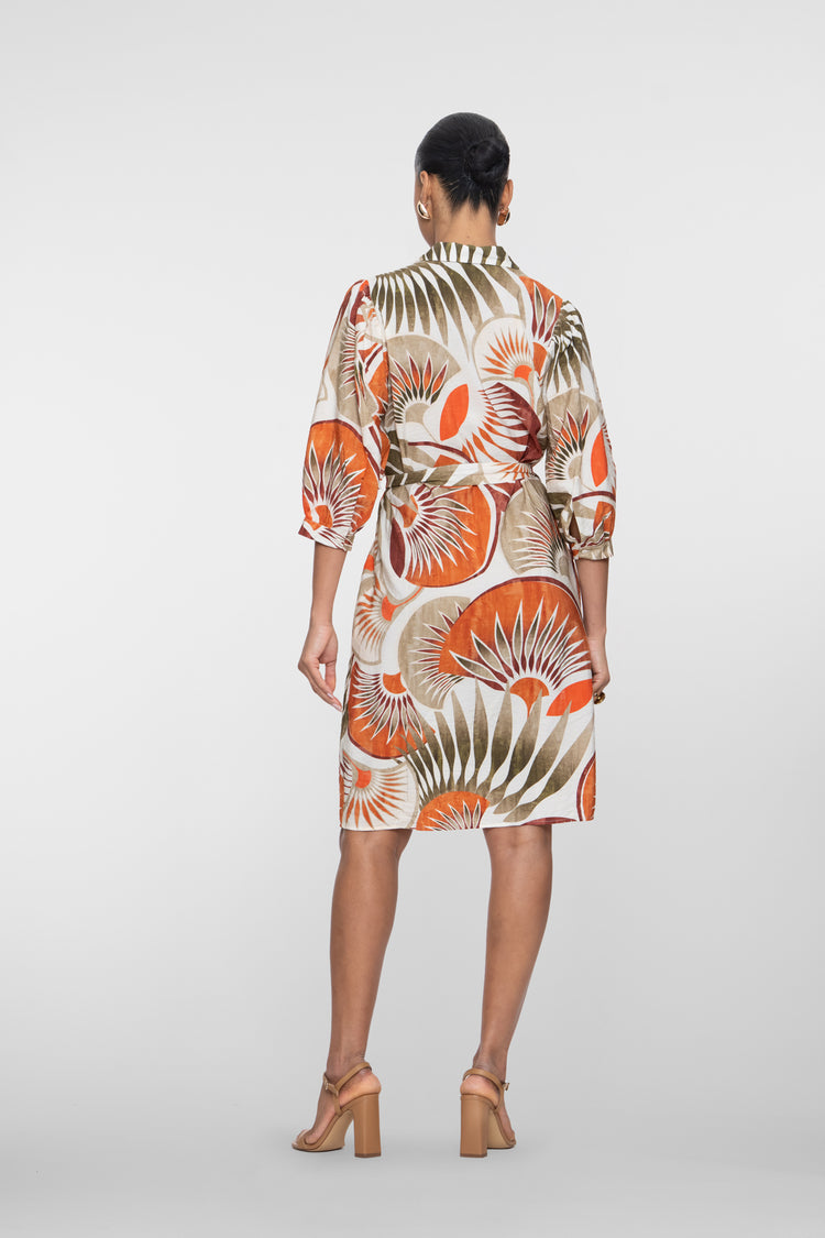 Geisha oranje mini jurk met waaierprint