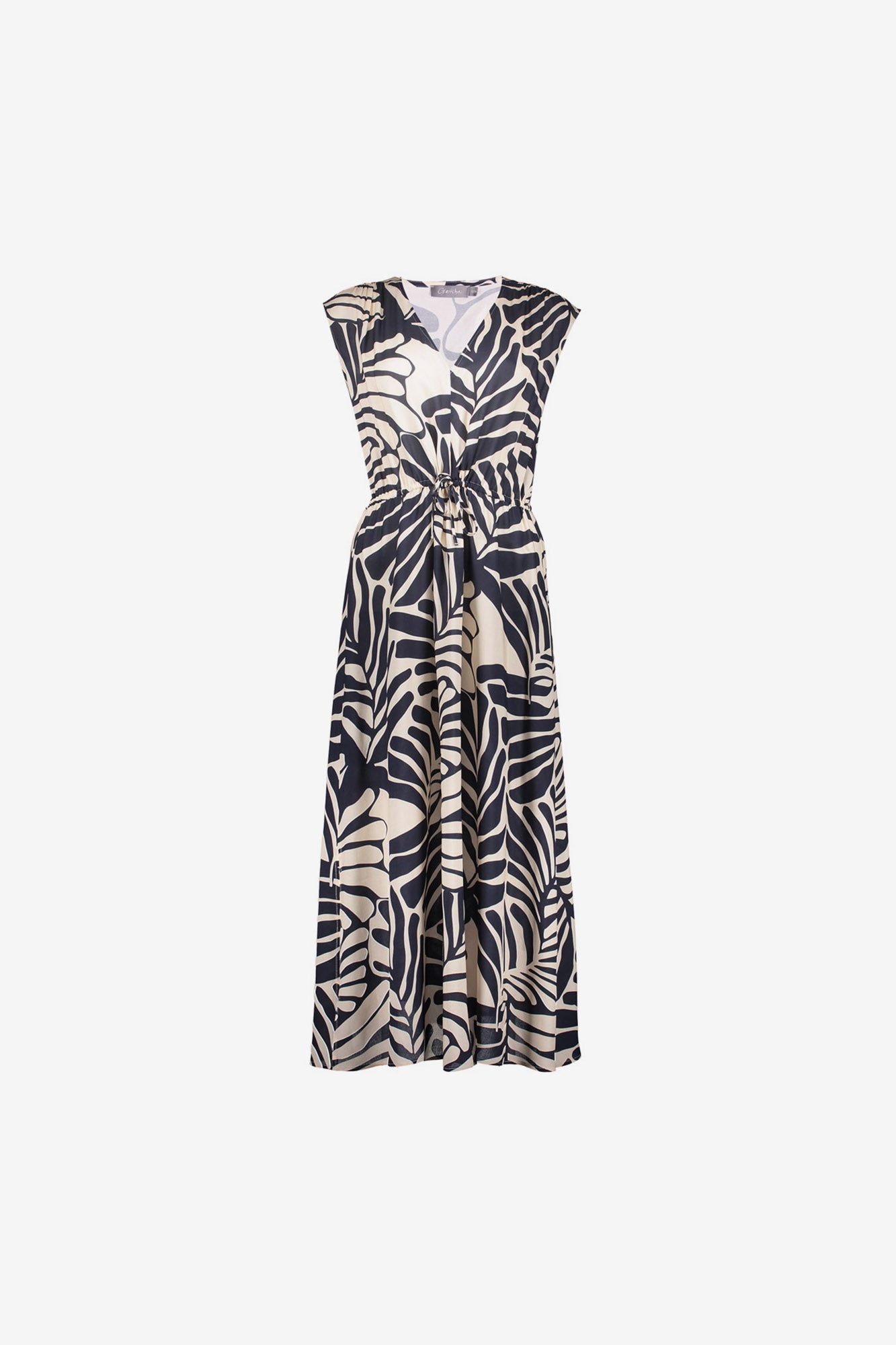 Geisha navy midi jurk met bladprint