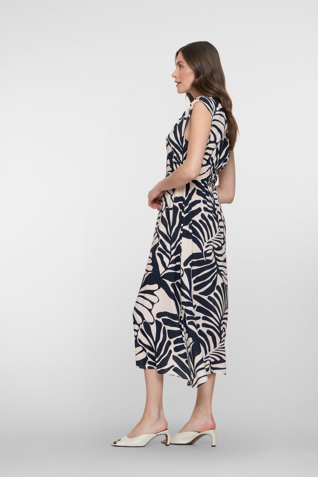 Geisha navy midi jurk met bladprint