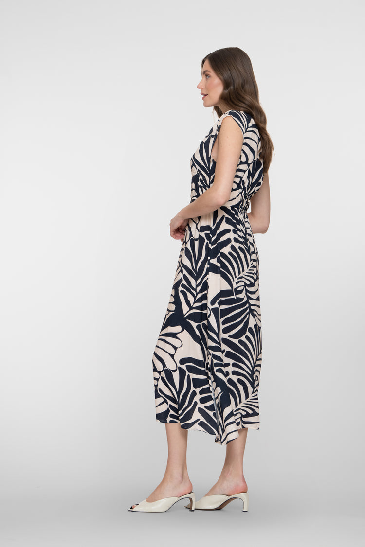 Geisha navy midi jurk met bladprint