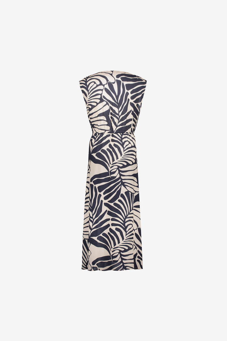 Geisha navy midi jurk met bladprint