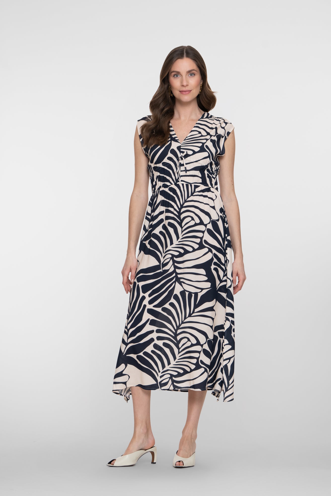 Geisha navy midi jurk met bladprint