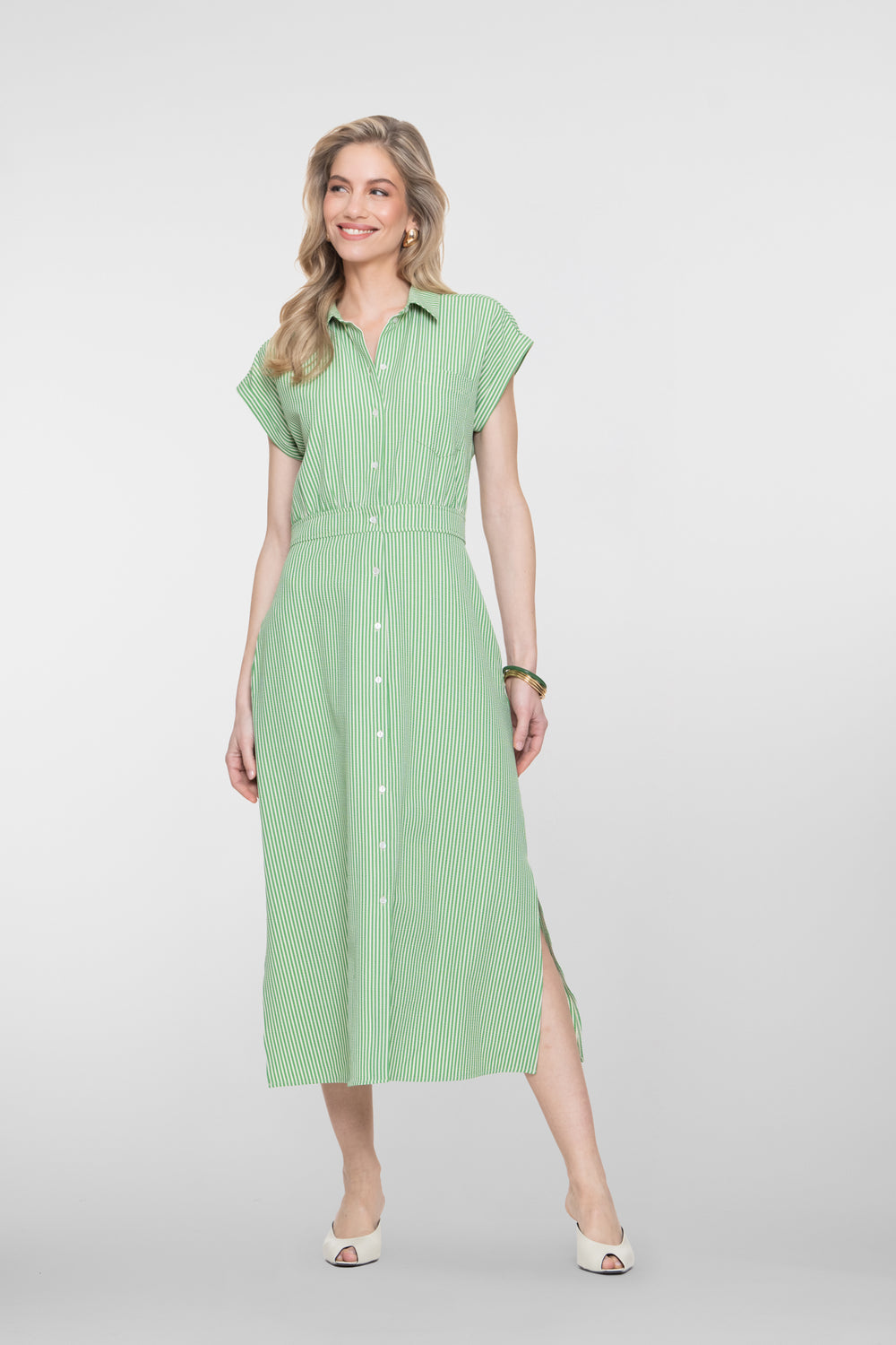 Geisha groene midi jurk met verticale streep en zijsplit