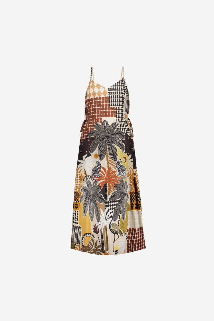 Geisha multicolor midi jurk met grafische print en spagetthibandjes