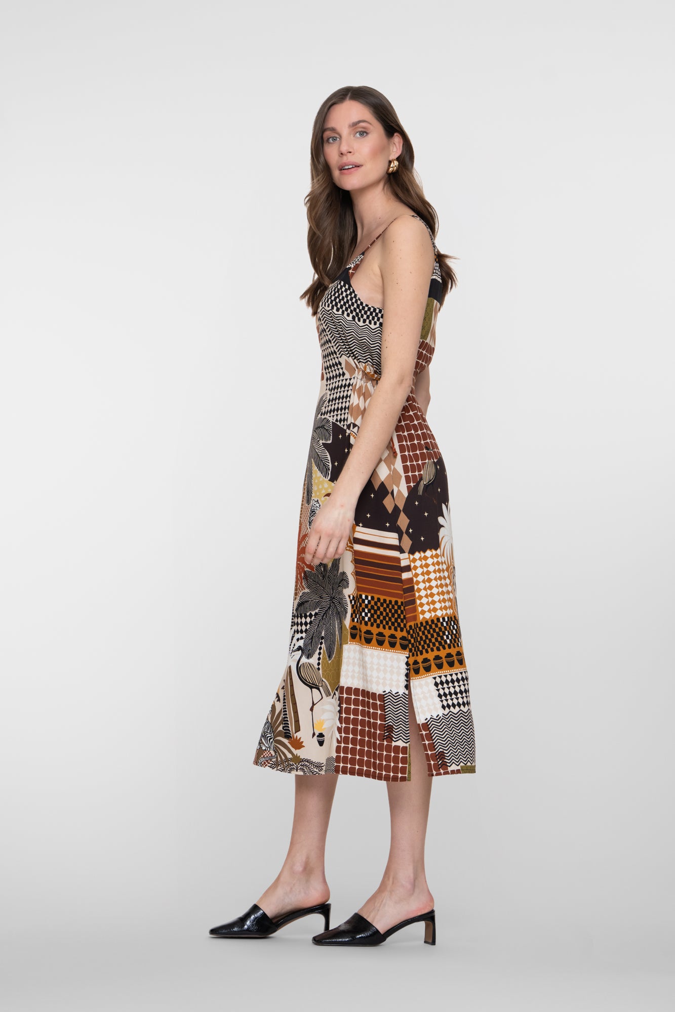 Geisha multicolor midi jurk met grafische print en spagetthibandjes