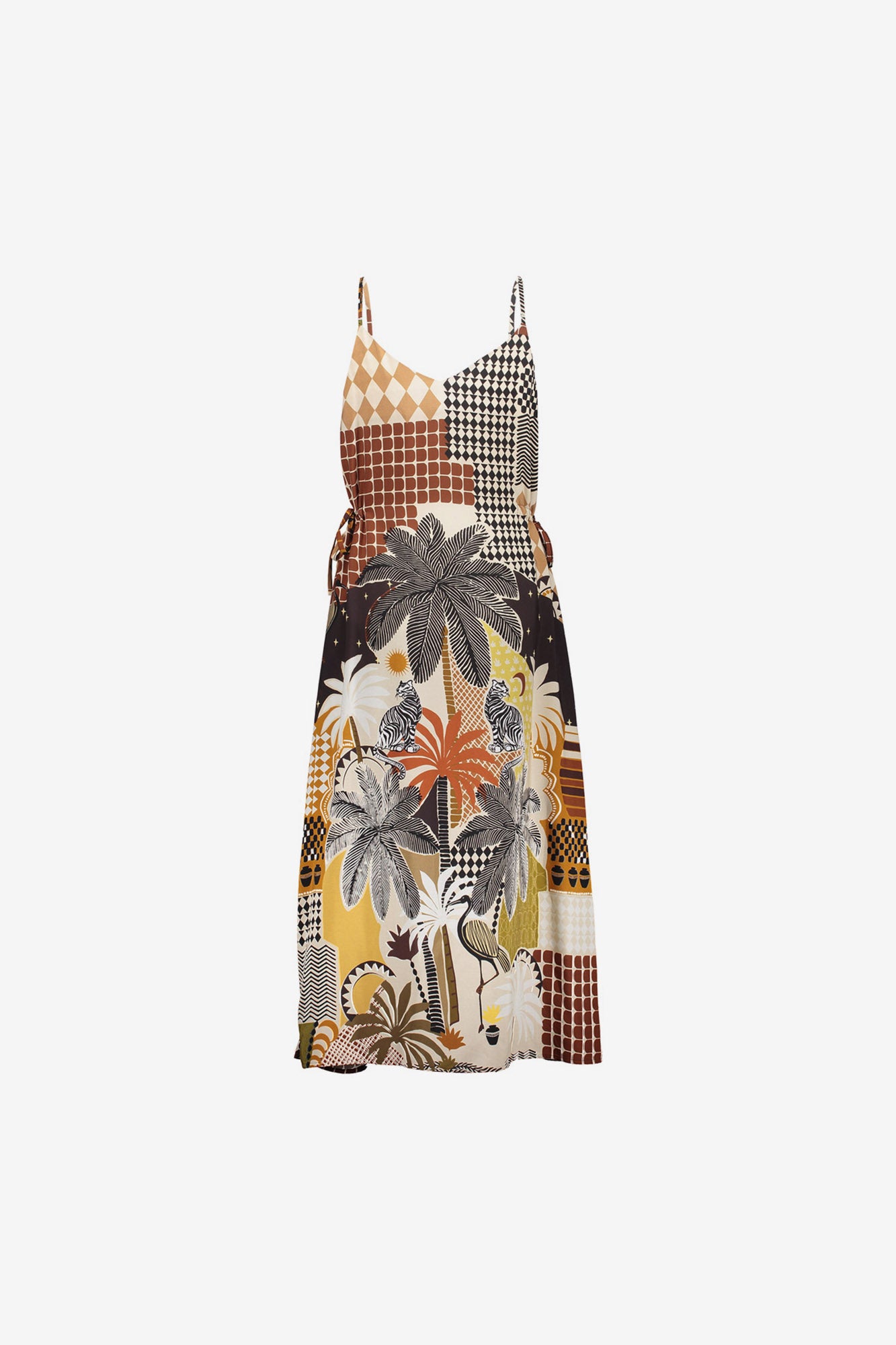 Geisha multicolor midi jurk met grafische print en spagetthibandjes
