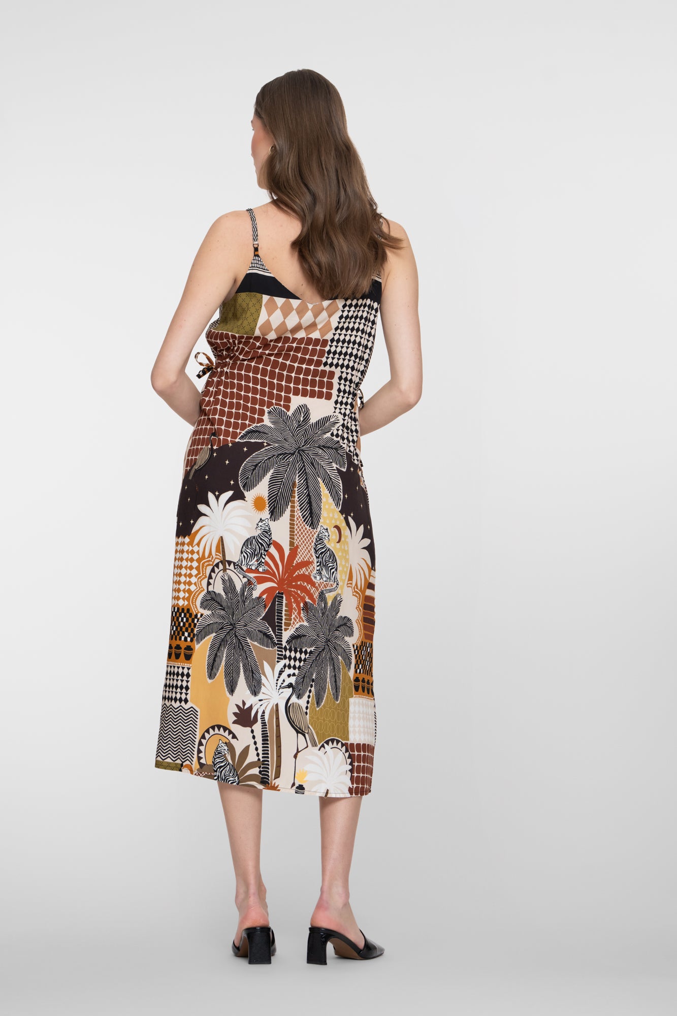 Geisha multicolor midi jurk met grafische print en spagetthibandjes
