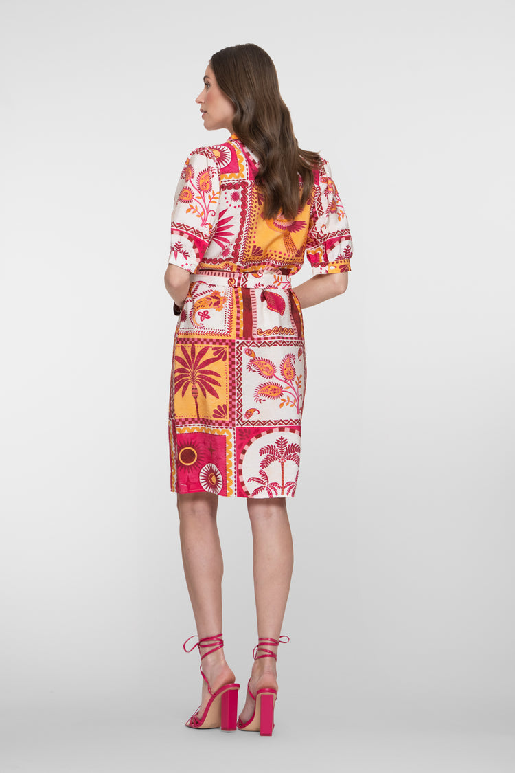 Geisha blousejurk met patchwork print en strikceintuur