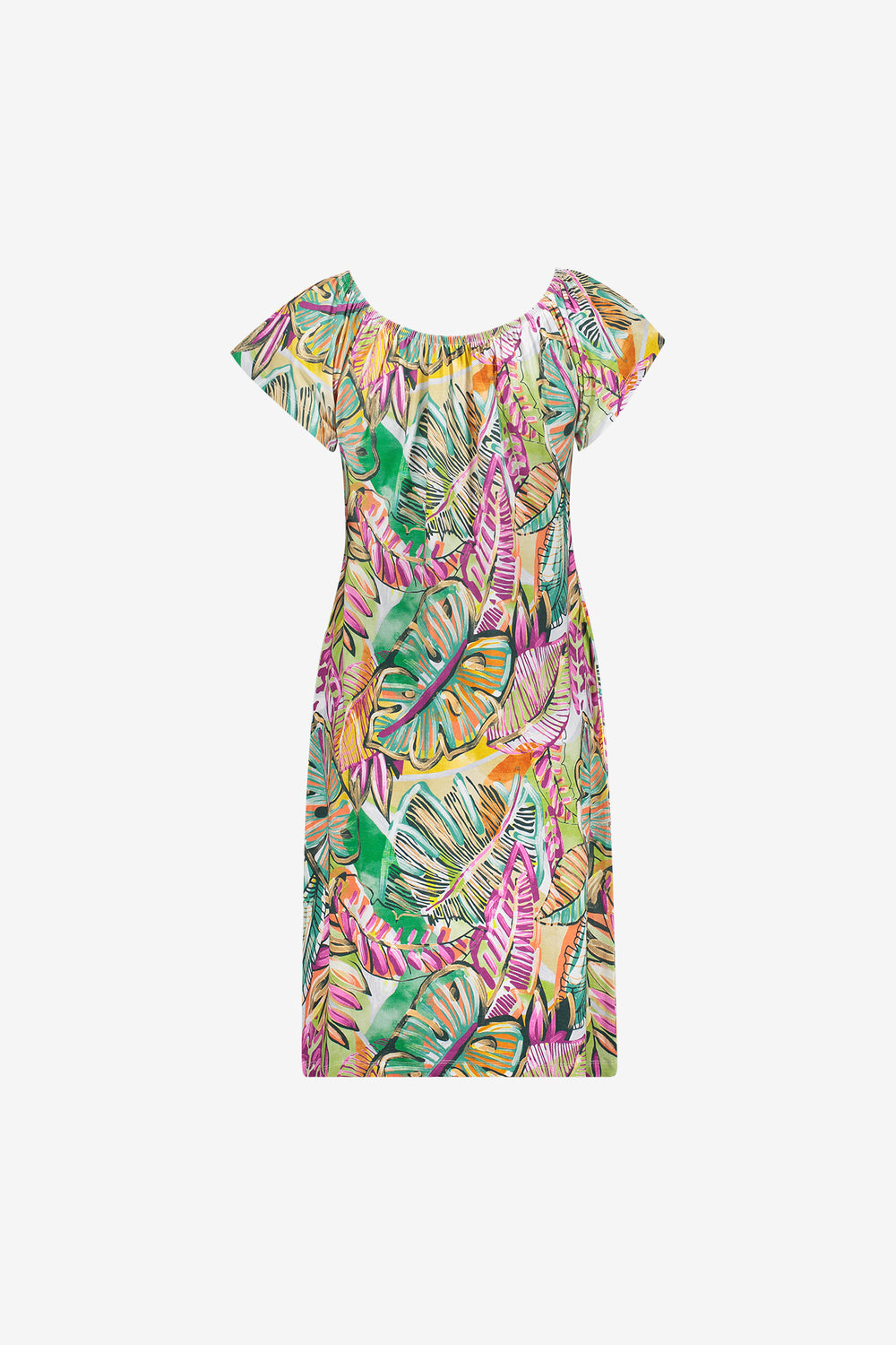 Geisha jurk met kleurrijke print en elastische halslijn