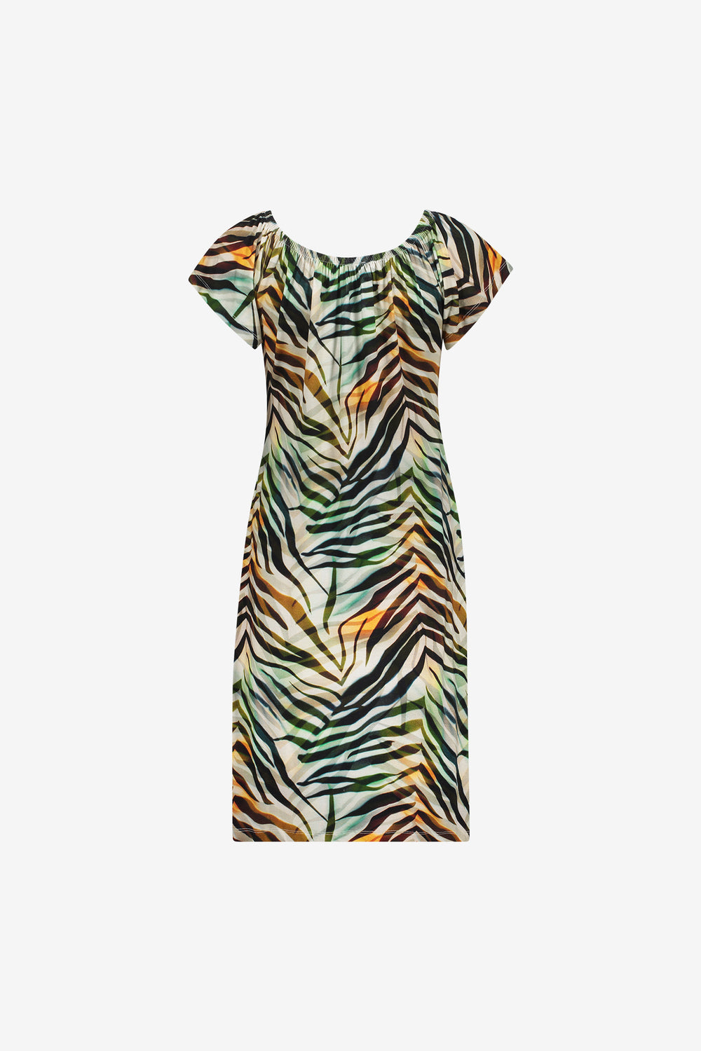 Geisha jurk met kleurrijke print en elastische halslijn