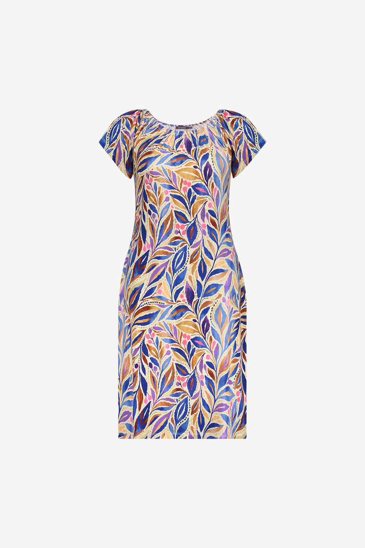 Geisha jurk met kleurrijke print en elastische halslijn