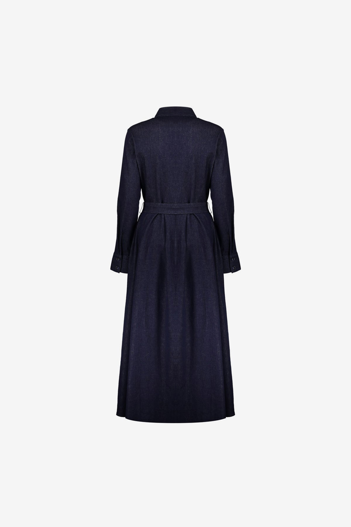 Geisha lange denim jurk met ceintuur en zwierige rok