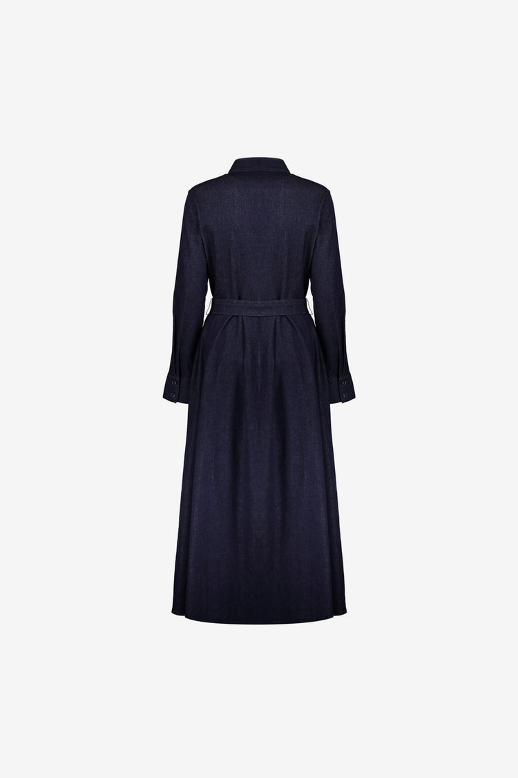Geisha lange denim jurk met ceintuur en zwierige rok
