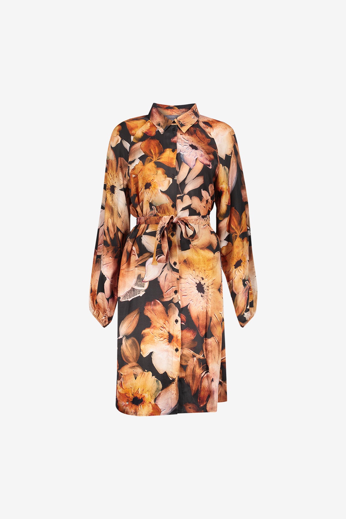 Geisha jurk met expressief bloemdessin en ceintuur