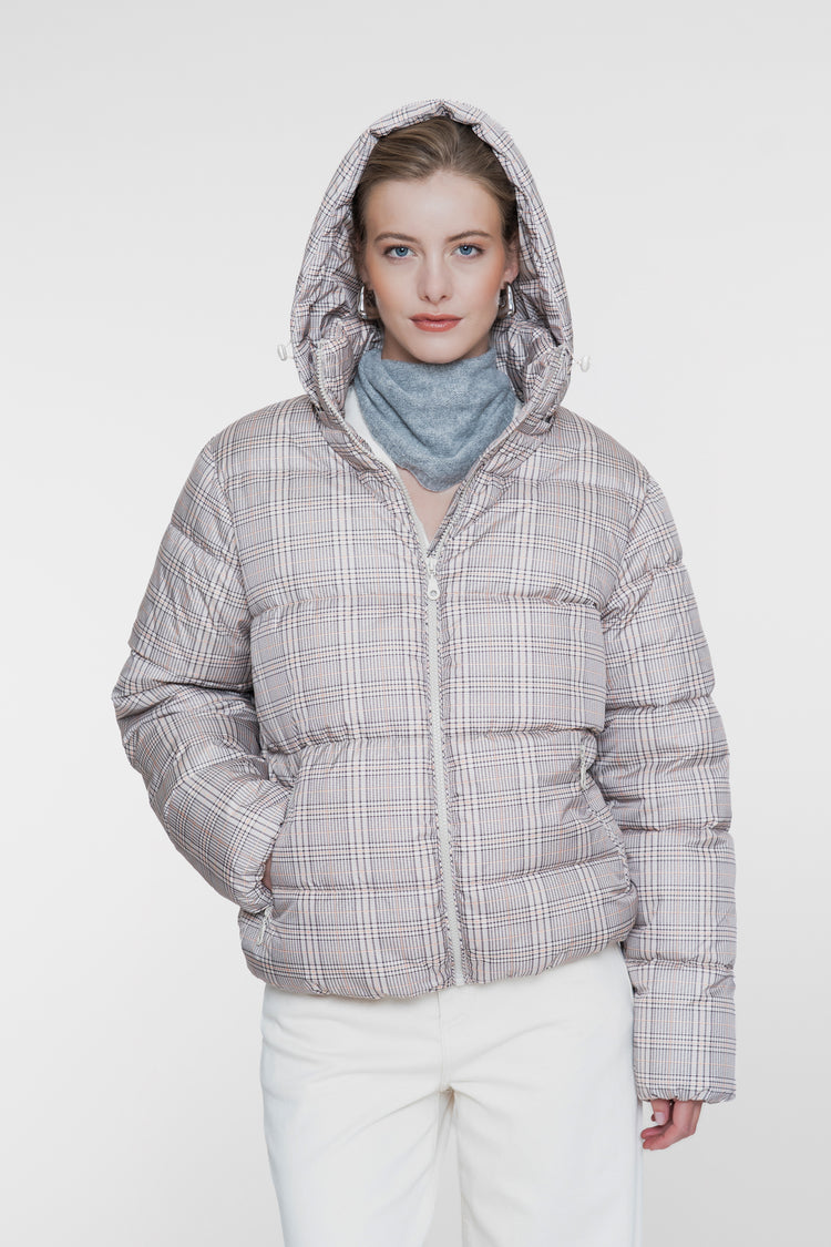 Geisha winterjas met ruitdessin en capuchon