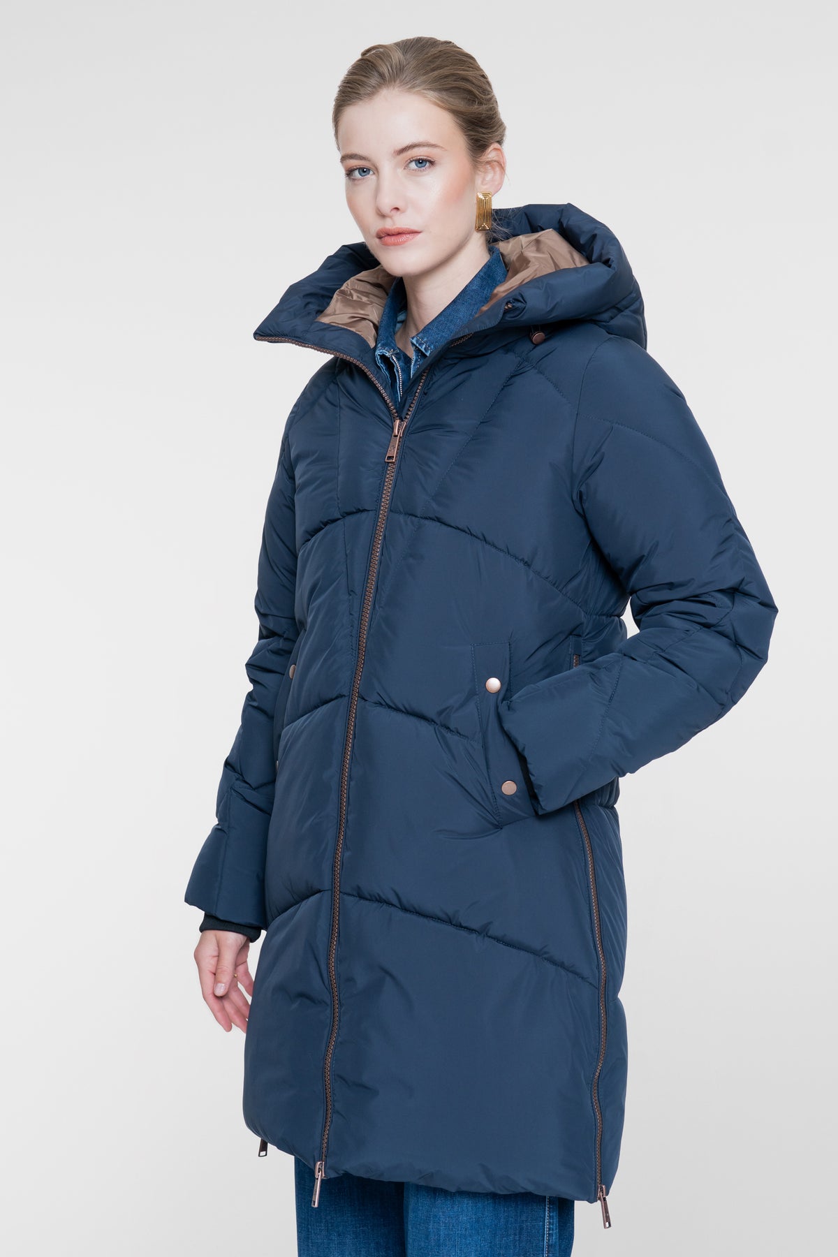 Geisha lange gewatteerde winterjas met koperkleurige details