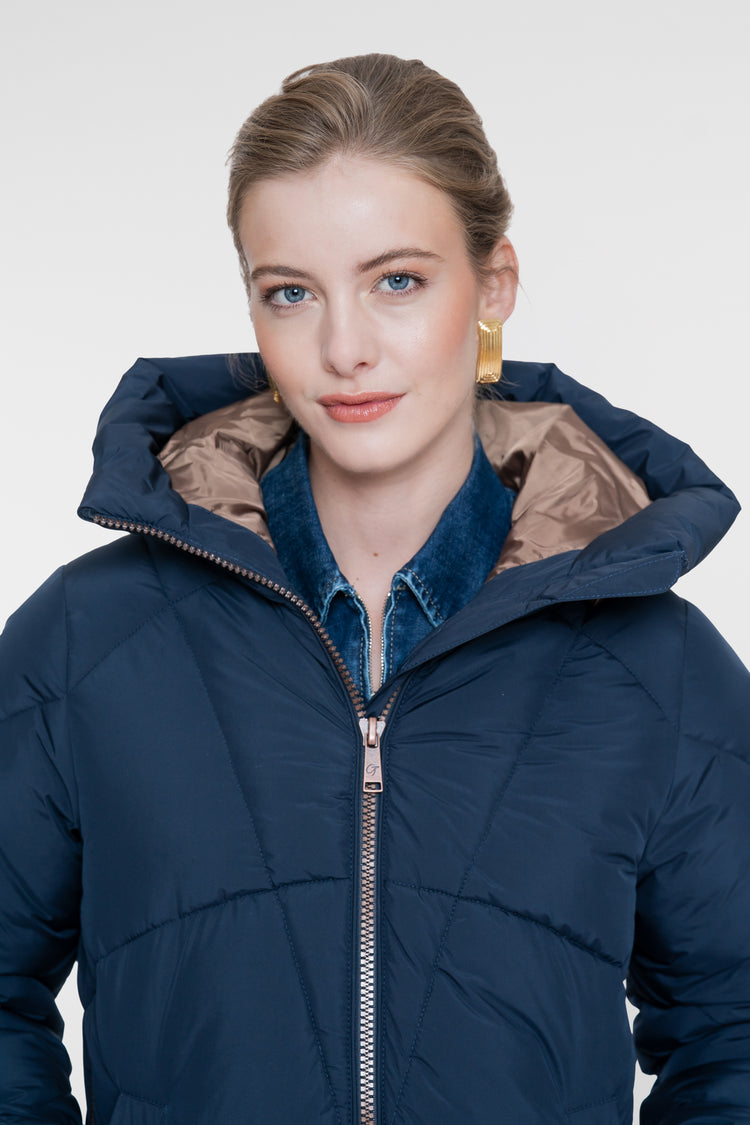 Geisha lange gewatteerde winterjas met koperkleurige details
