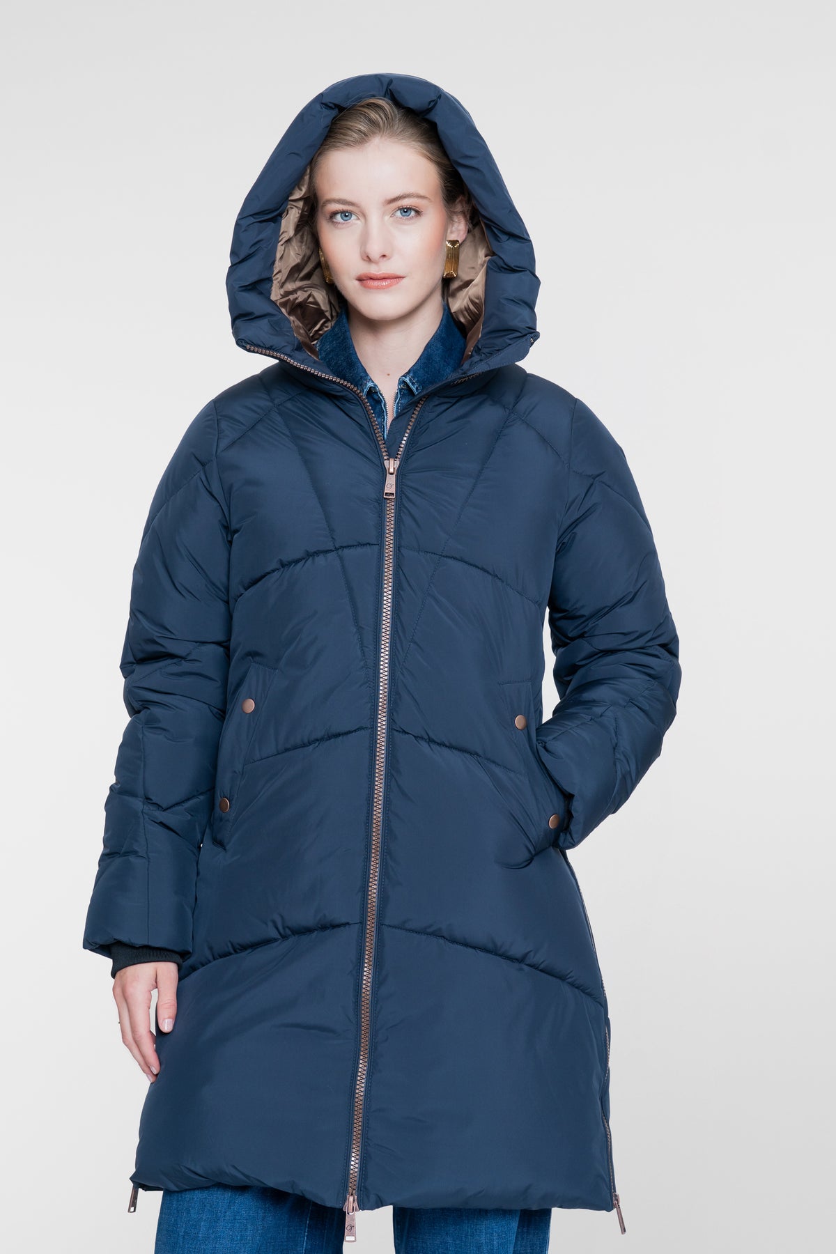Geisha lange gewatteerde winterjas met koperkleurige details