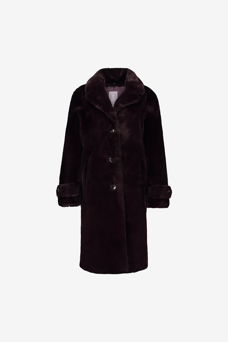 Geisha Fur look mantel in burgundy met knoopsluiting